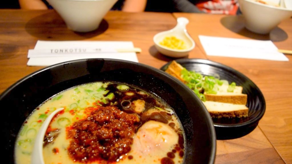 The karaka spicy ramen at Ippudo is tonkotsu-based with a kick