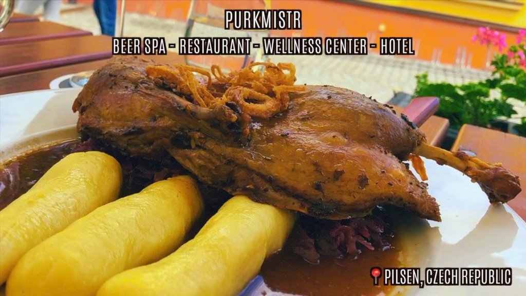 Roast chicken and potatoes at Purkmistr in Pilsen, Czech Republic