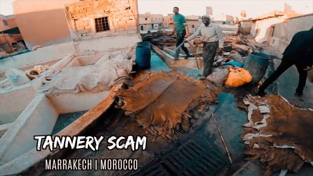 Tanners wash the animal hides at a tannery in Marrakech