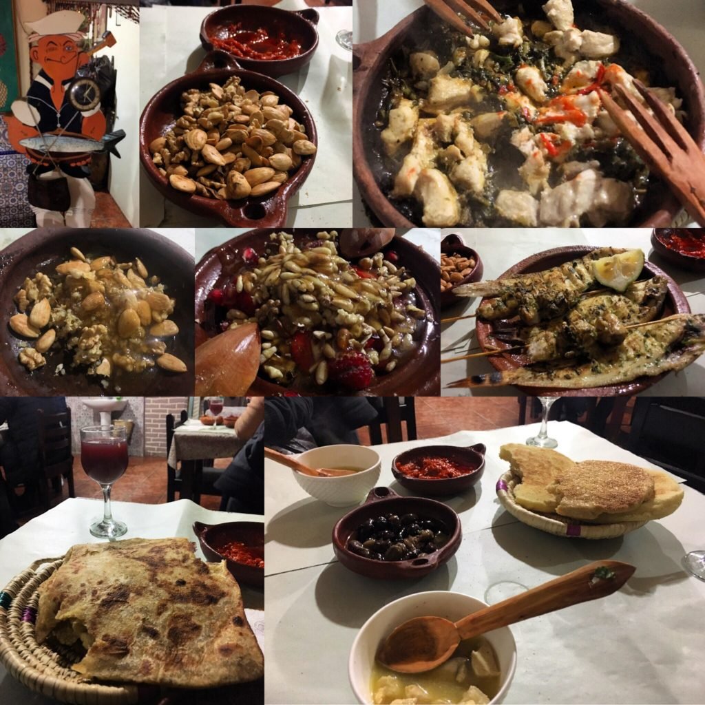 All kinds of fish, toasted nuts, bread, stews, and more at Le Saveur du Poisson in Tangier (with a cut out of Popeye out front??)