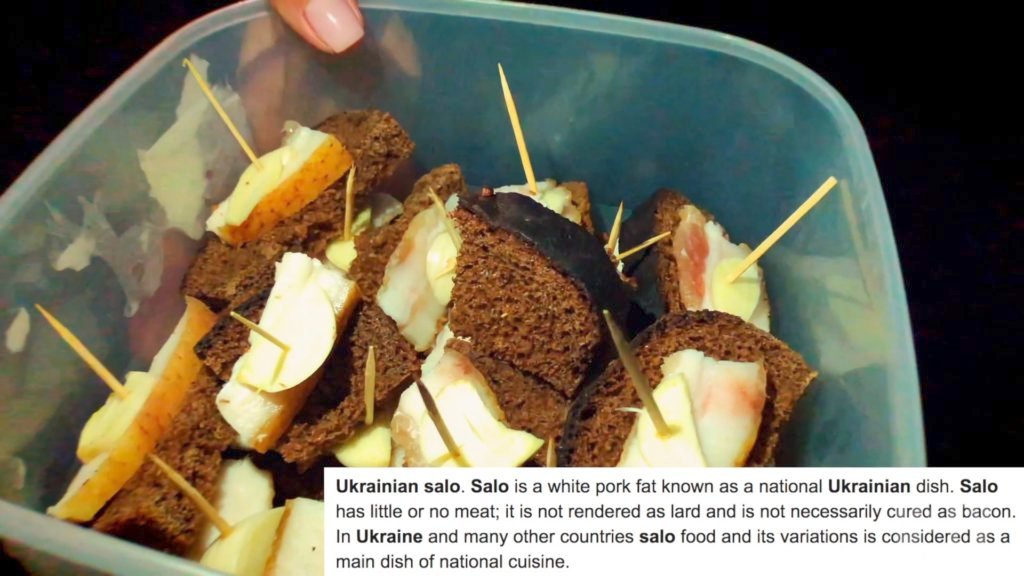 Ukrainian salo is cured pork fat. Our local hosts made us bites with salo and bread - a perfect welcome treat!