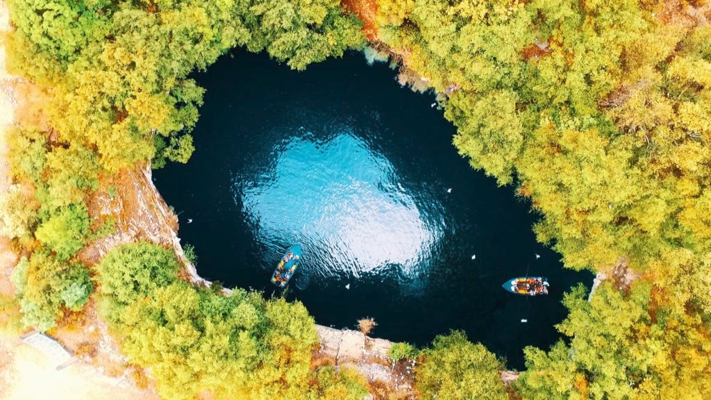 drone picture above the melissani cave in kefalonia greece