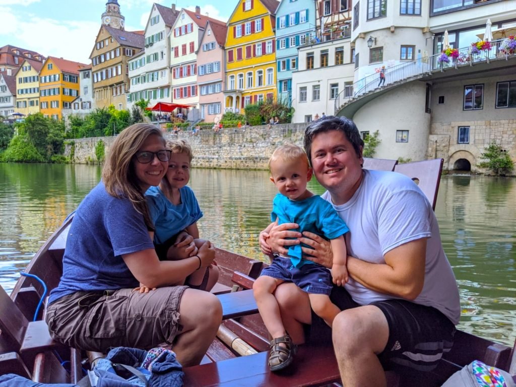 Canal ride with kids and colorful buildings in Tubingen Germany