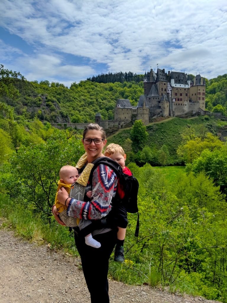 Double baby backpack hiking to Burg Eltz in Germany