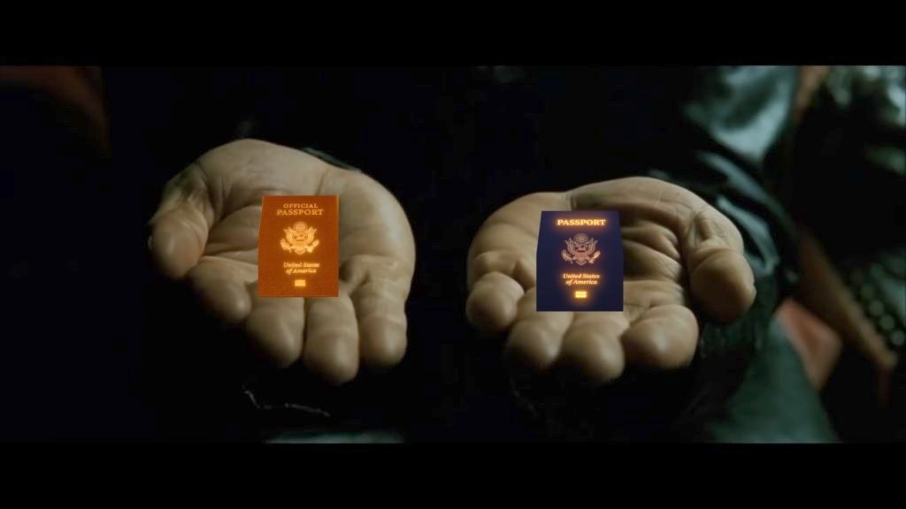 Holding a Red Official Passport and a No Fee Blue Passport in each hand