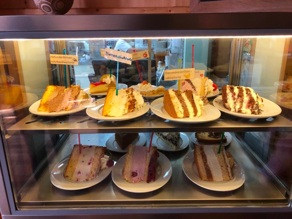A variety of Kuhstallcafe cakes on display near Hohenfels Germany