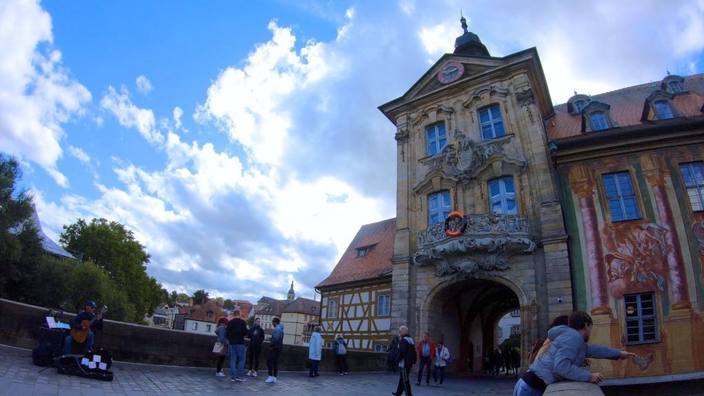 One of the most popular things to do in Bamberg, people watching on the old rathaus bridge