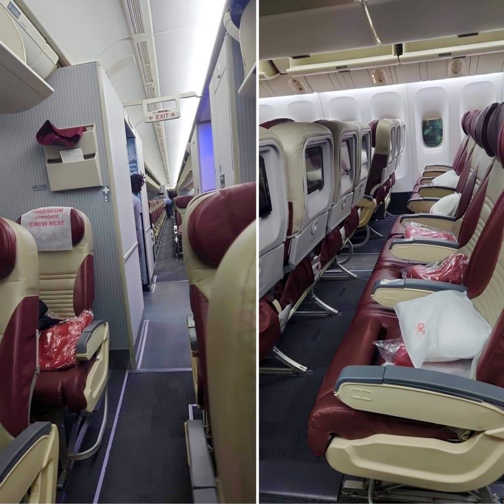two photos of seats inside the patriot express flight